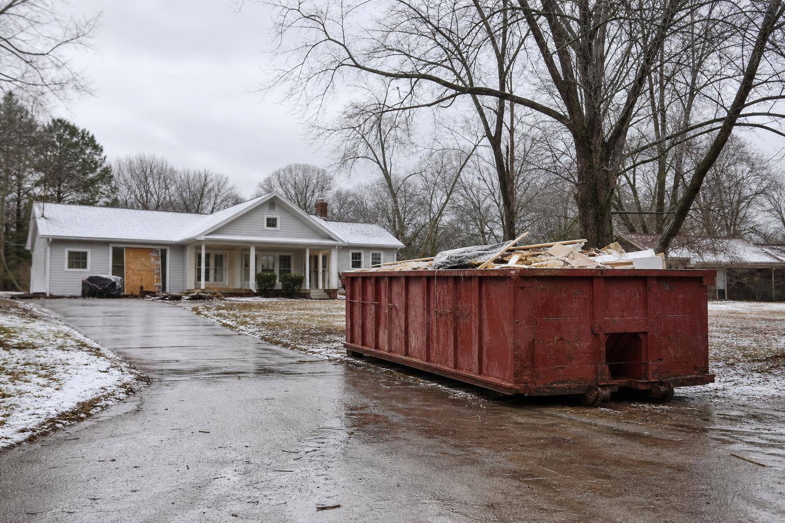 Residential dumpster holding debris during a home renovation in Mississippi