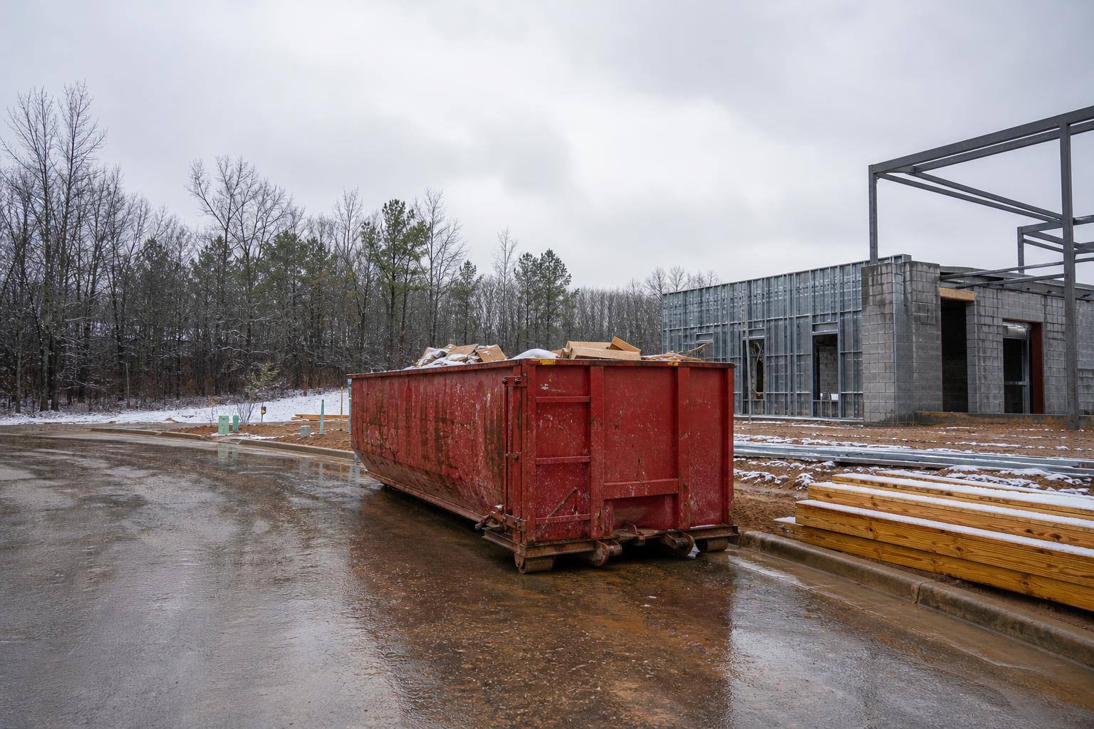 Roll-off dumpster at an active commercial construction site in Mississippi