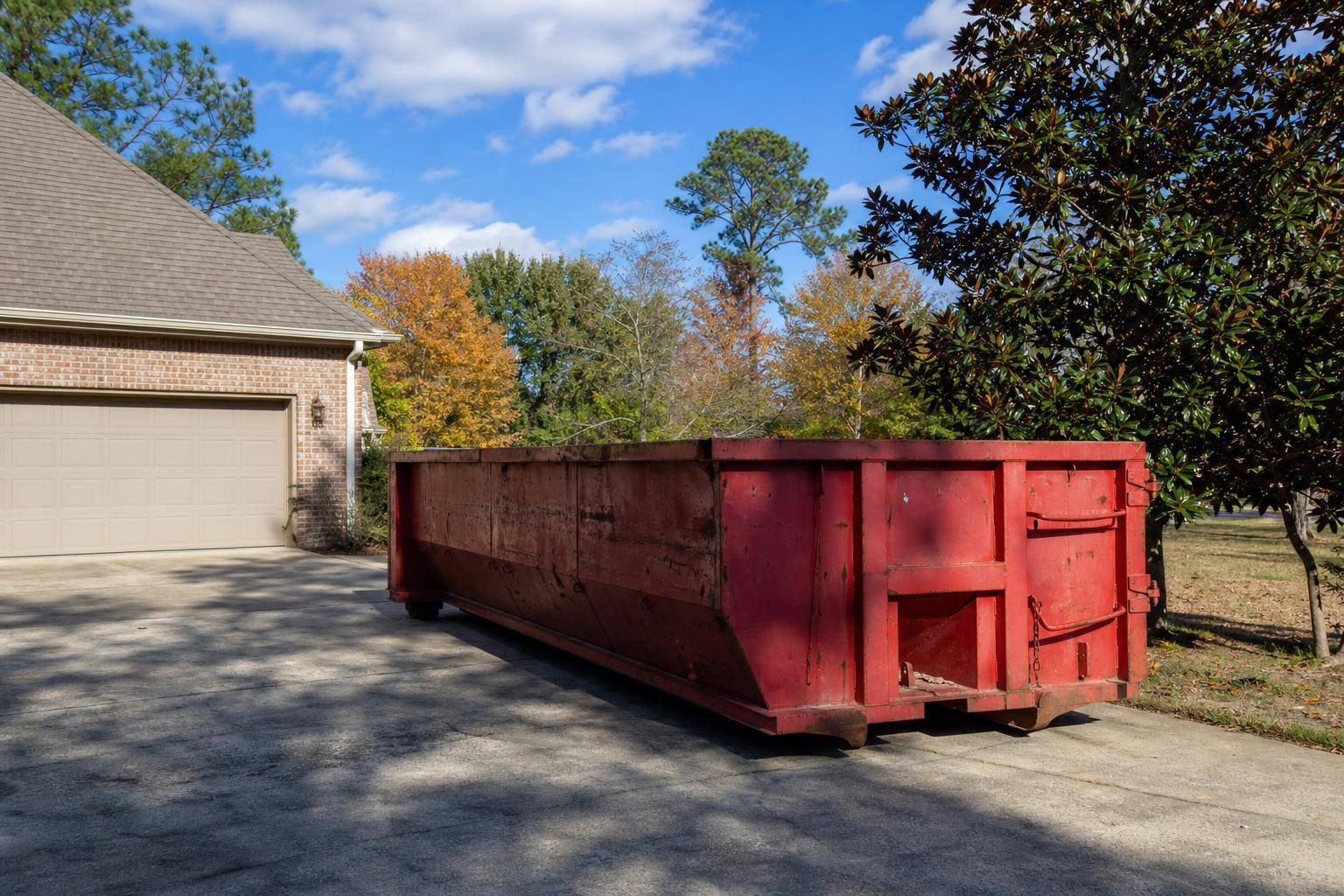Mid-size roll-off dumpster on a residential driveway in Ackerman, MS