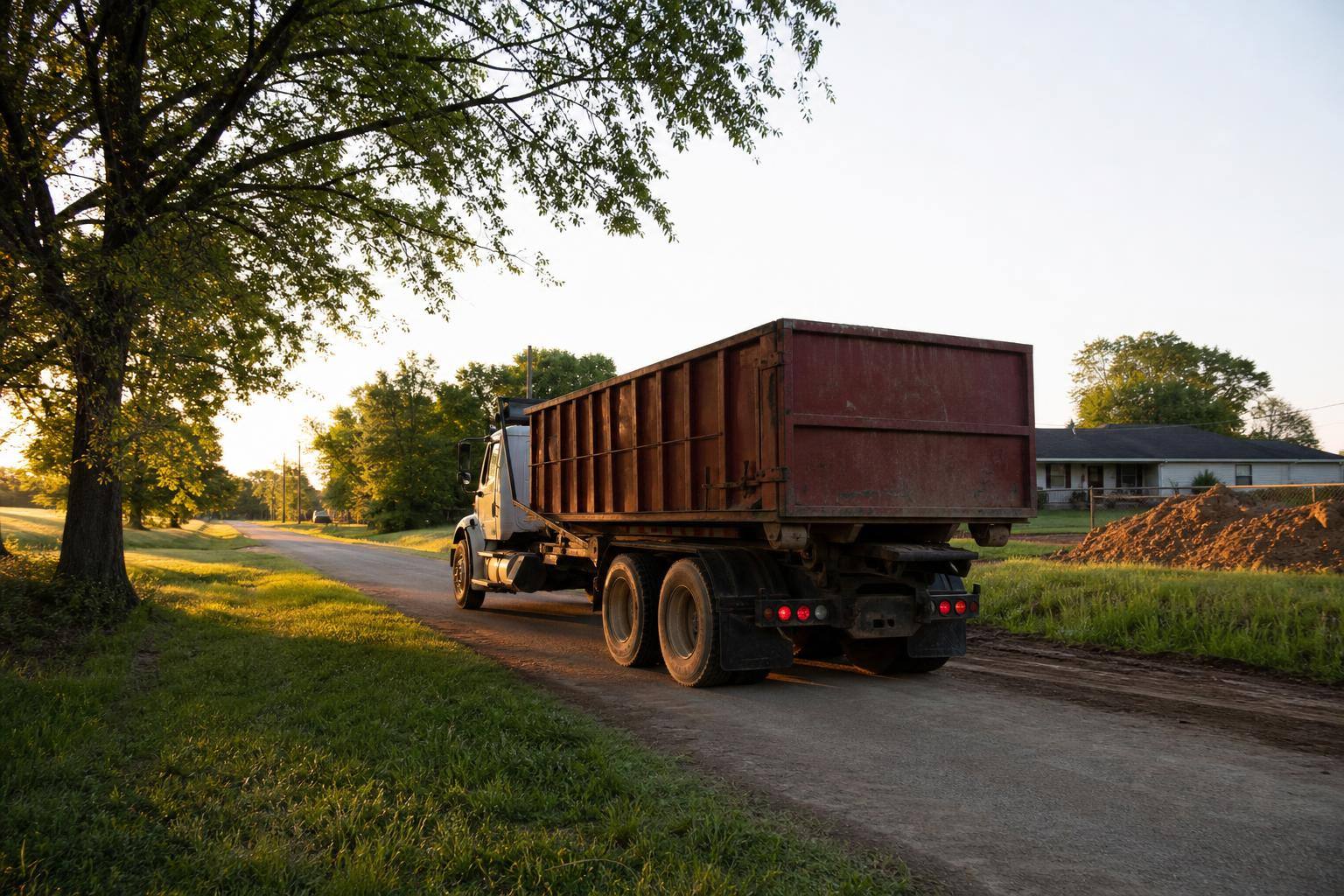 Roll-off truck traveling through a broad rural landscape in Mississippi